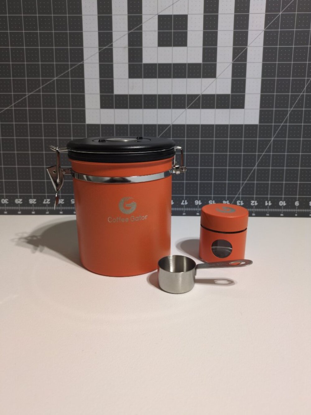 Coffee Gator Orange Canister Set 16 oz Sealed Stainless Steel Glass Jar Scooper